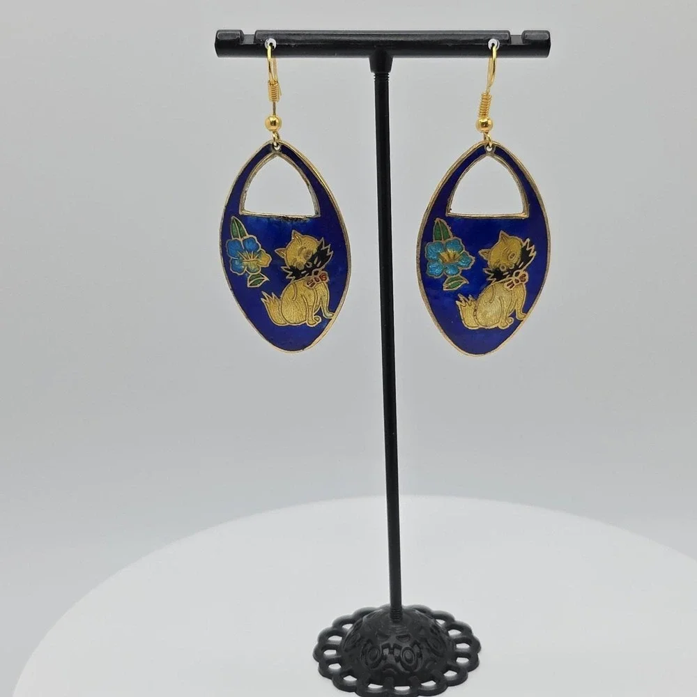 Vtg Cloisonne Kitten Cat Flower Earrings Cobalt Blue Enamel Gold‎ Dangle